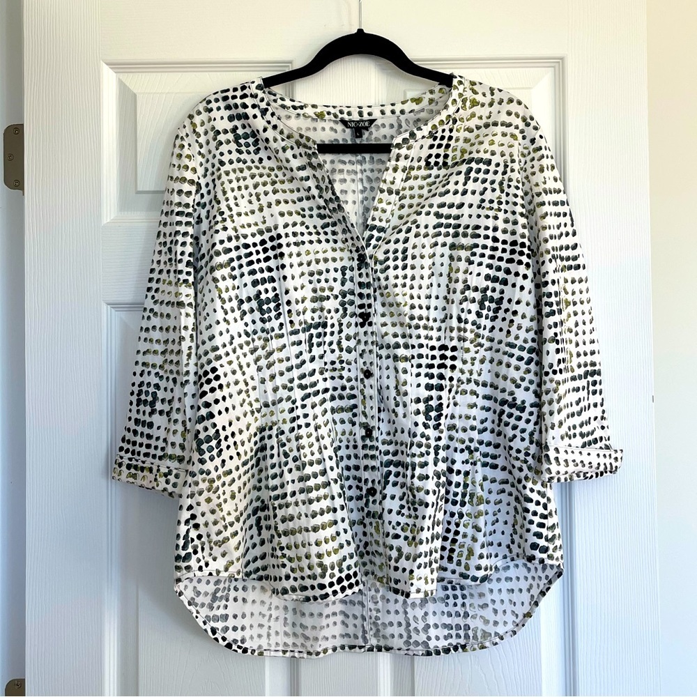 Nic+Zoe Mock Collar Long Sleeve Green PolkaDot Dress Shirt Size L